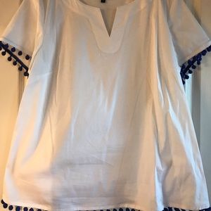 Cute Talbots blouse with fun pompom trim on sleeves and around the bottom.